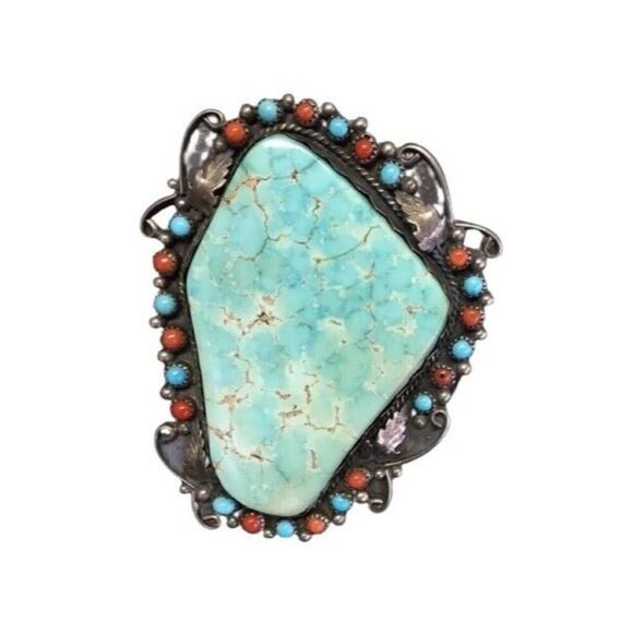 Antique Cuff Bracelet Green Turquoise Coral Sterling Silver Navajo Native Signed - Picture 1 of 14